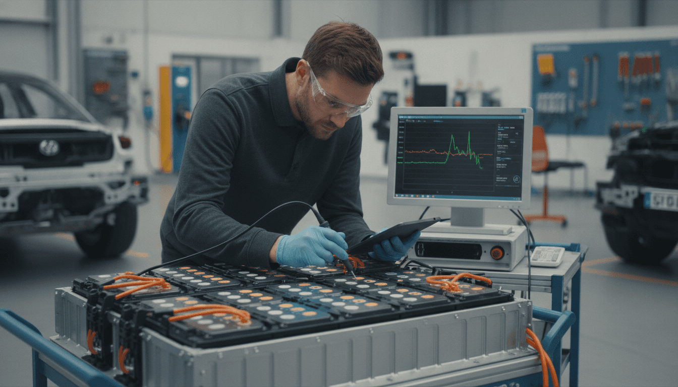 Nahaufnahme eines Technikers, der die Batterie eines Elektroautos in einer Werkstatt mit Diagnosegeräten überprüft.