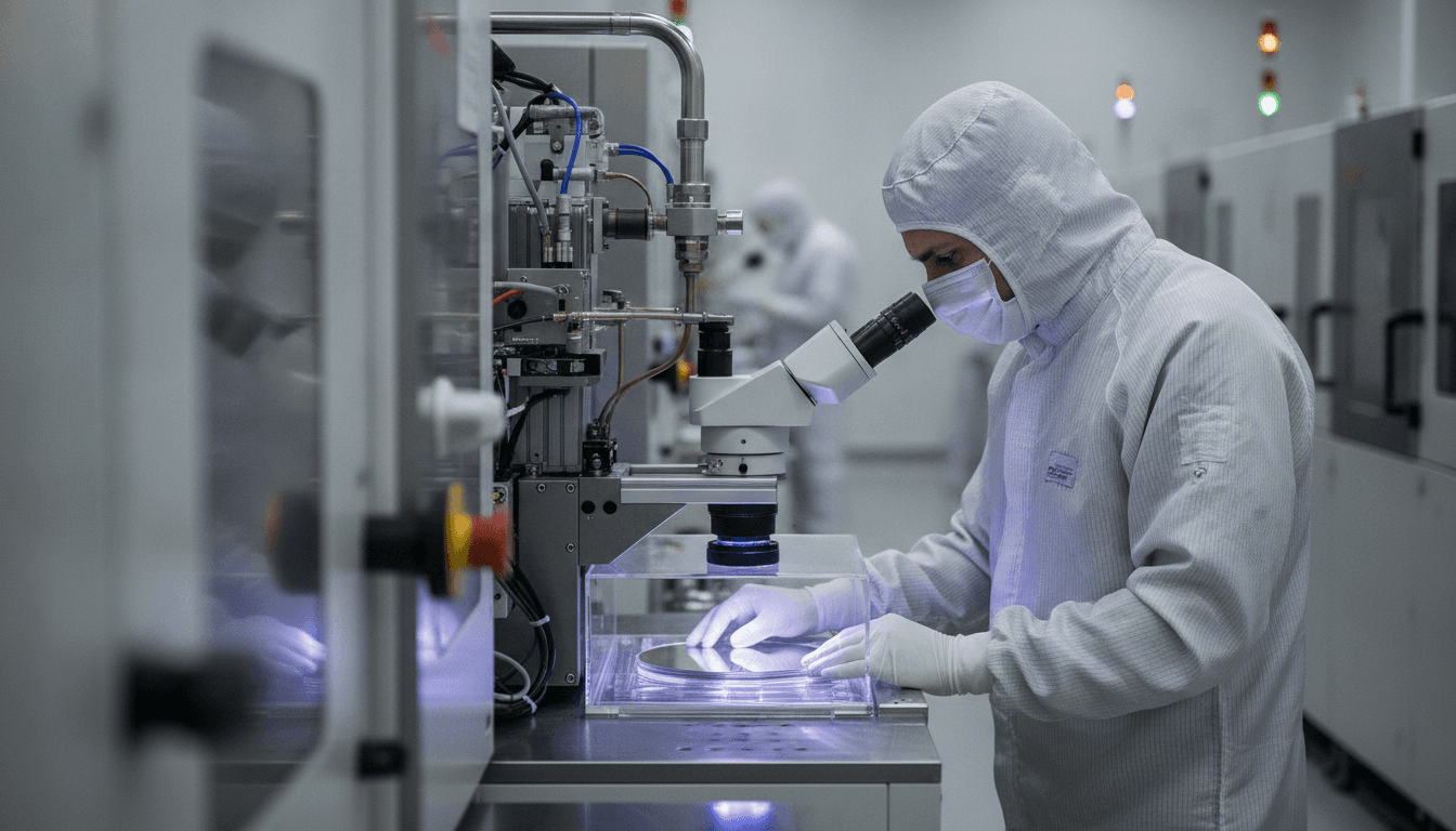 Ein Arbeiter in einem Reinraum überprüft Halbleiterwafer, mit Fokus auf Detail und High-Tech-Umgebung.