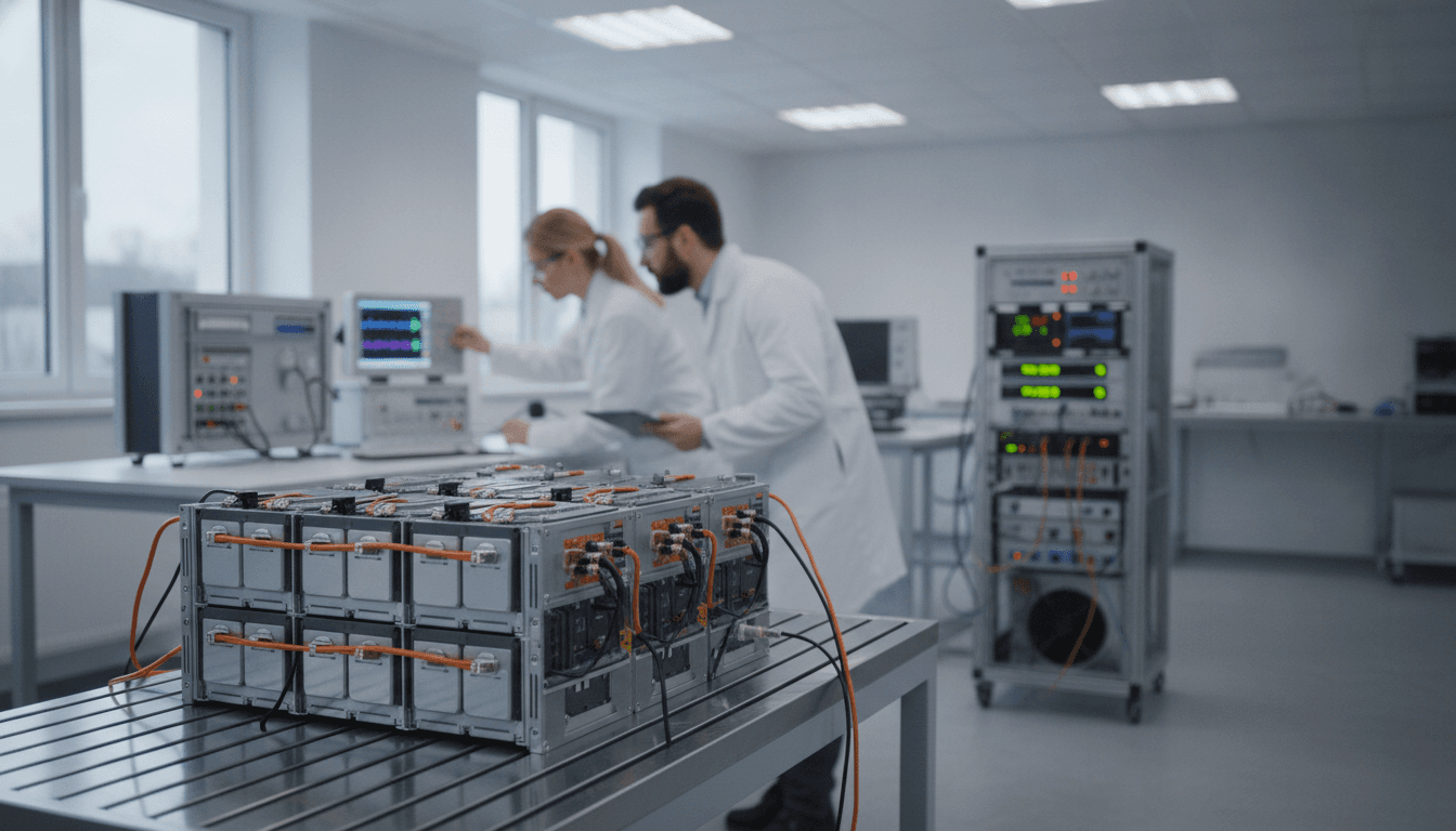 Nahaufnahme eines modularen Elektroauto-Batteriepacks auf einem Prüfstand, während Ingenieure in Schutzbrillen und Arbeitskleidung die Leistung mit Messgeräten überwachen.