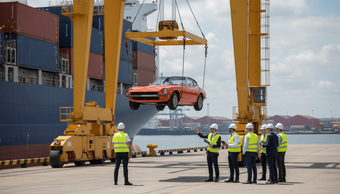 Ein japanischer Youngtimer, beispielsweise ein Nissan Skyline, wird von einem Schiffskran in Bremerhaven entladen, während Zollbeamte und Logistikmitarbeiter die Ankunft dokumentieren.