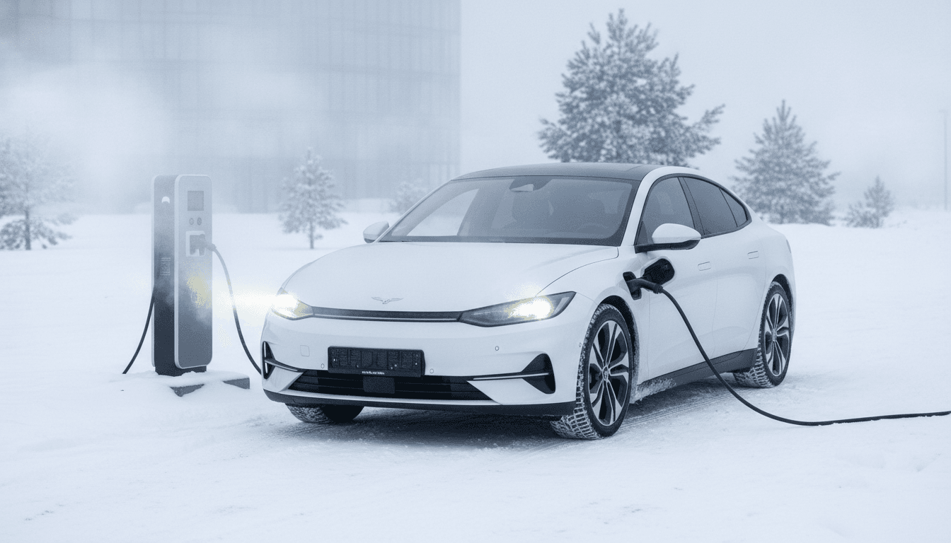 Ein weißes Elektroauto steht im Schnee, während Dampf aus den Lüftungsschlitzen entweicht, während es an einer Ladesäule vorkonditioniert wird.
