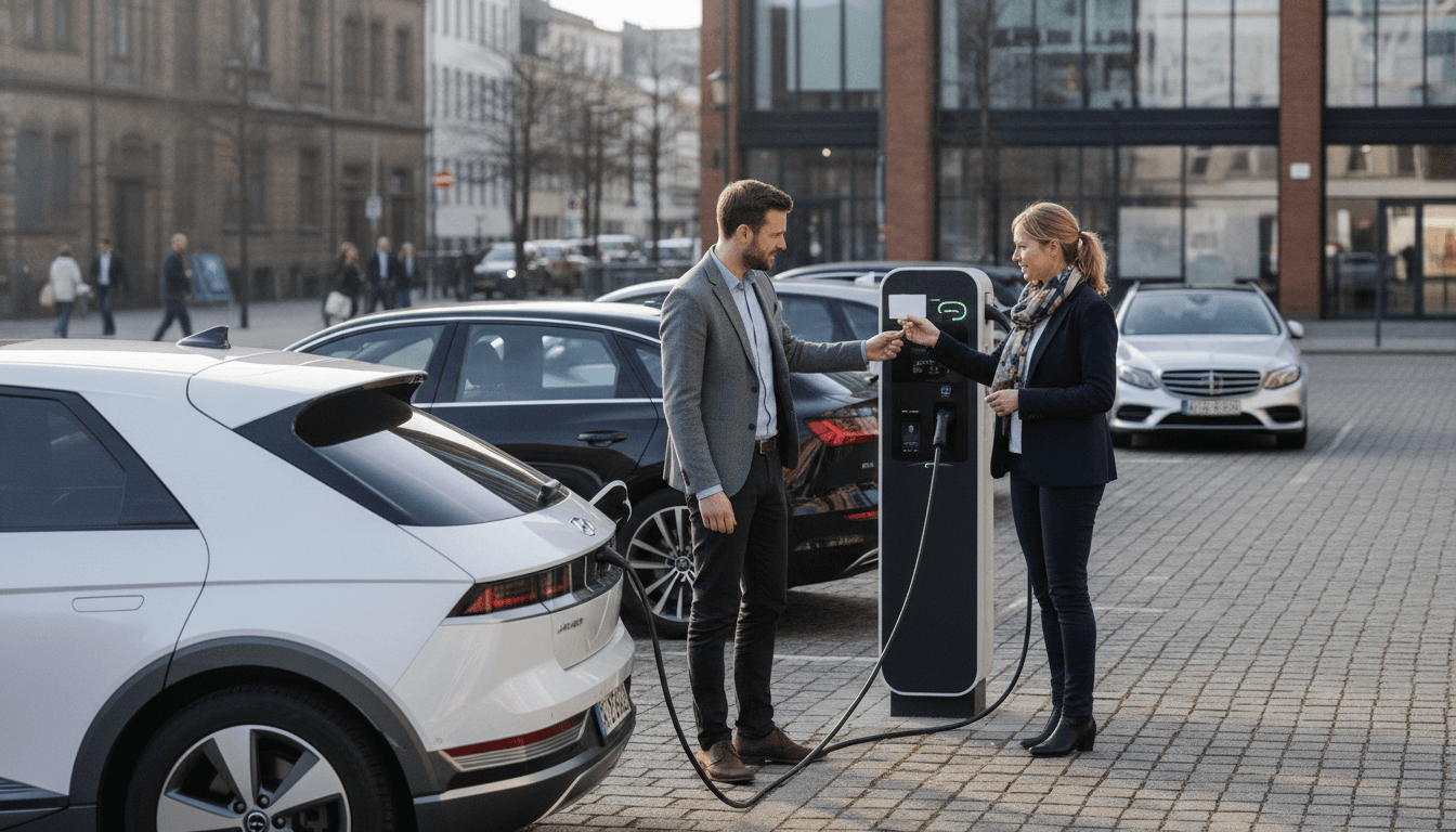 Ein Mann und eine Frau laden einen weißen Hyundai Ioniq 5 an einer modernen DC-Schnellladesäule auf einem belebten Parkplatz in einer europäischen Stadt. Die Frau hält eine Ladekarte.