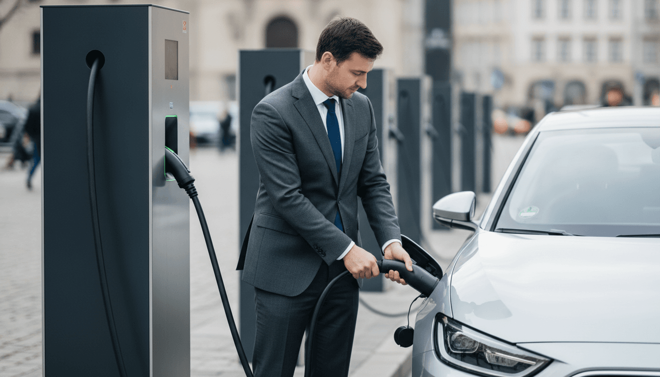 Ein Mann lädt sein Elektroauto an einer modernen öffentlichen Ladesäule. Im Hintergrund sind weitere Ladesäulen und eine Stadtkulisse zu sehen.