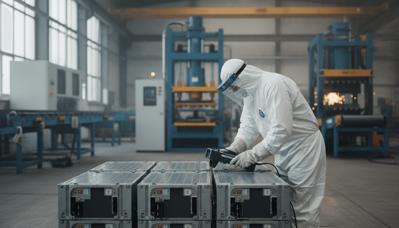 Ein Mitarbeiter inspiziert gestapelte Lithium-Ionen-Batteriemodule in einer Recyclinganlage für Elektrofahrzeuge, umgeben von spezialisierten Maschinen.