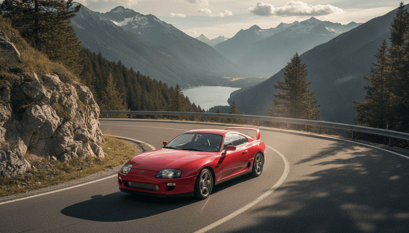 Ein makelloser, roter Toyota Supra MK4 fährt auf einer sonnigen Landstraße, im Hintergrund Berge.