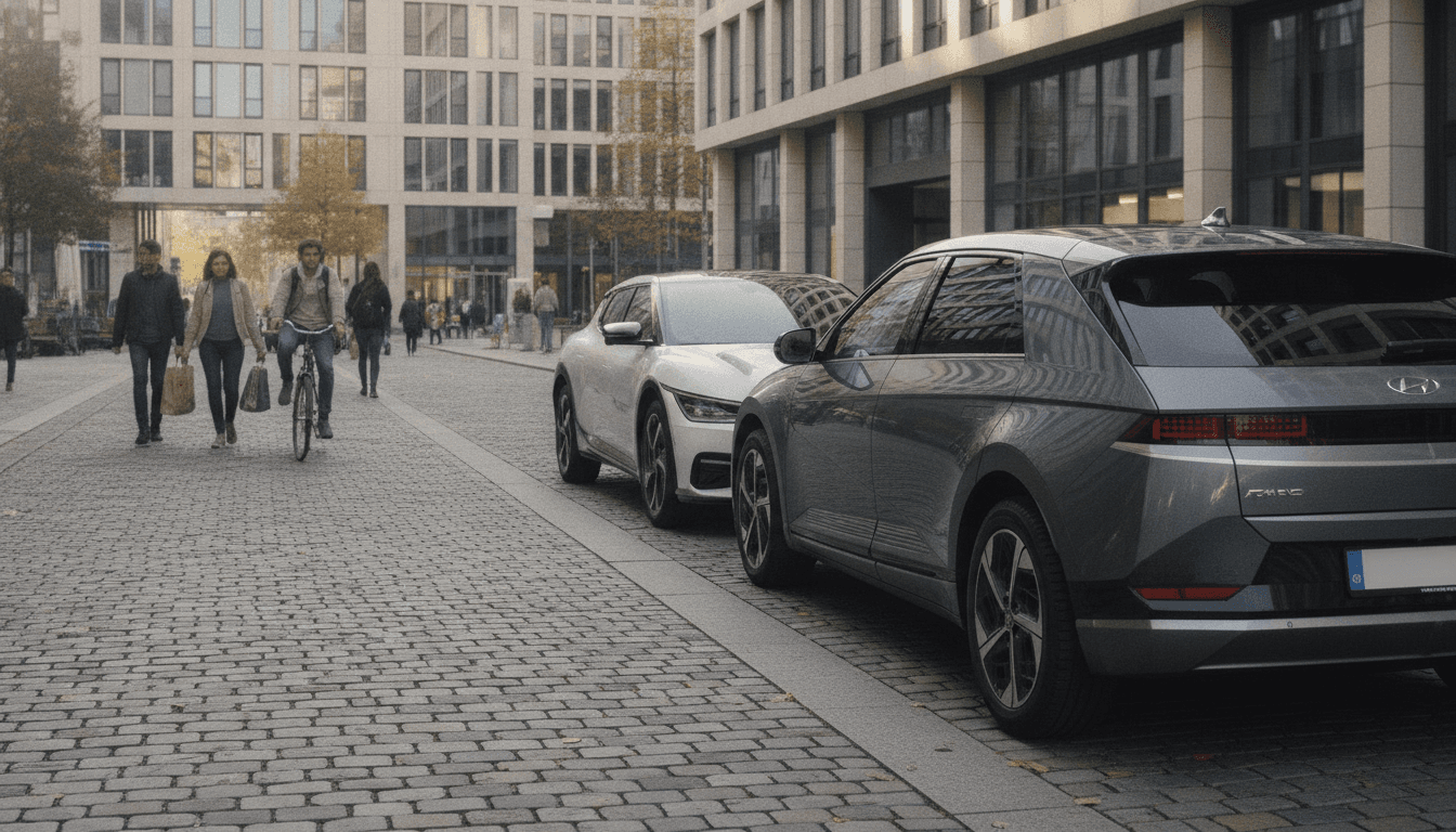 Ein gut erhaltener, gebrauchter Hyundai Ioniq 5 steht auf einem Parkplatz vor modernen Gebäuden, daneben ein Kia EV6. Die Szene vermittelt Modernität und Nachhaltigkeit im städtischen Umfeld.