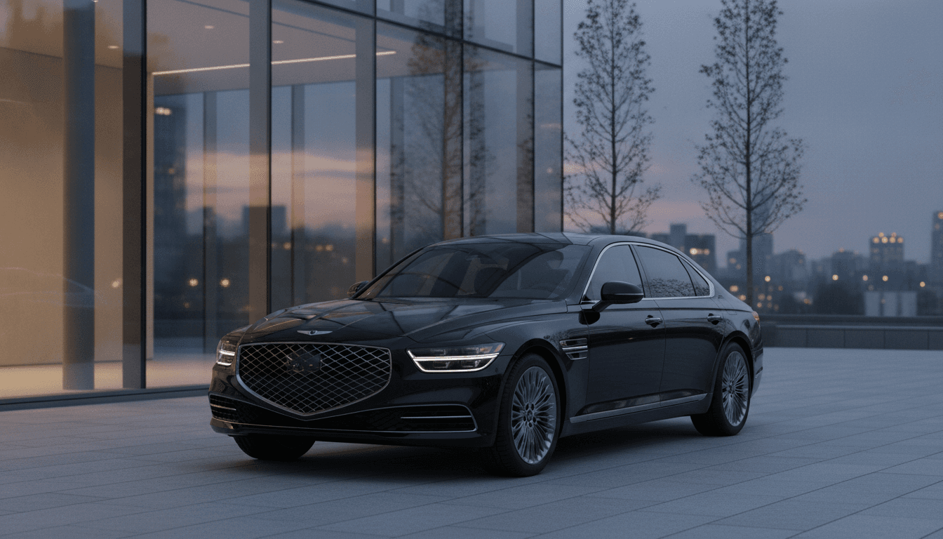 Ein neuer Genesis G90 in dunkler Lackierung parkt vor einem modernen Gebäude in der Abenddämmerung.