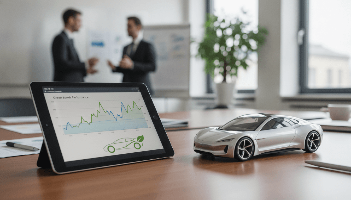 Detailaufnahme einer grünen Anleihe mit dem Logo eines Elektrofahrzeugherstellers auf einem Tablet, daneben ein Modell eines modernen E-Autos auf einem Holztisch.