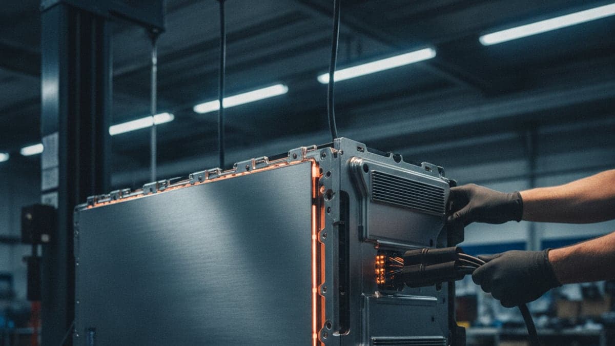 Batteriemodul eines Elektrofahrzeugs auf einer Hebebühne in der Werkstatt, daneben ein Diagnosestecker