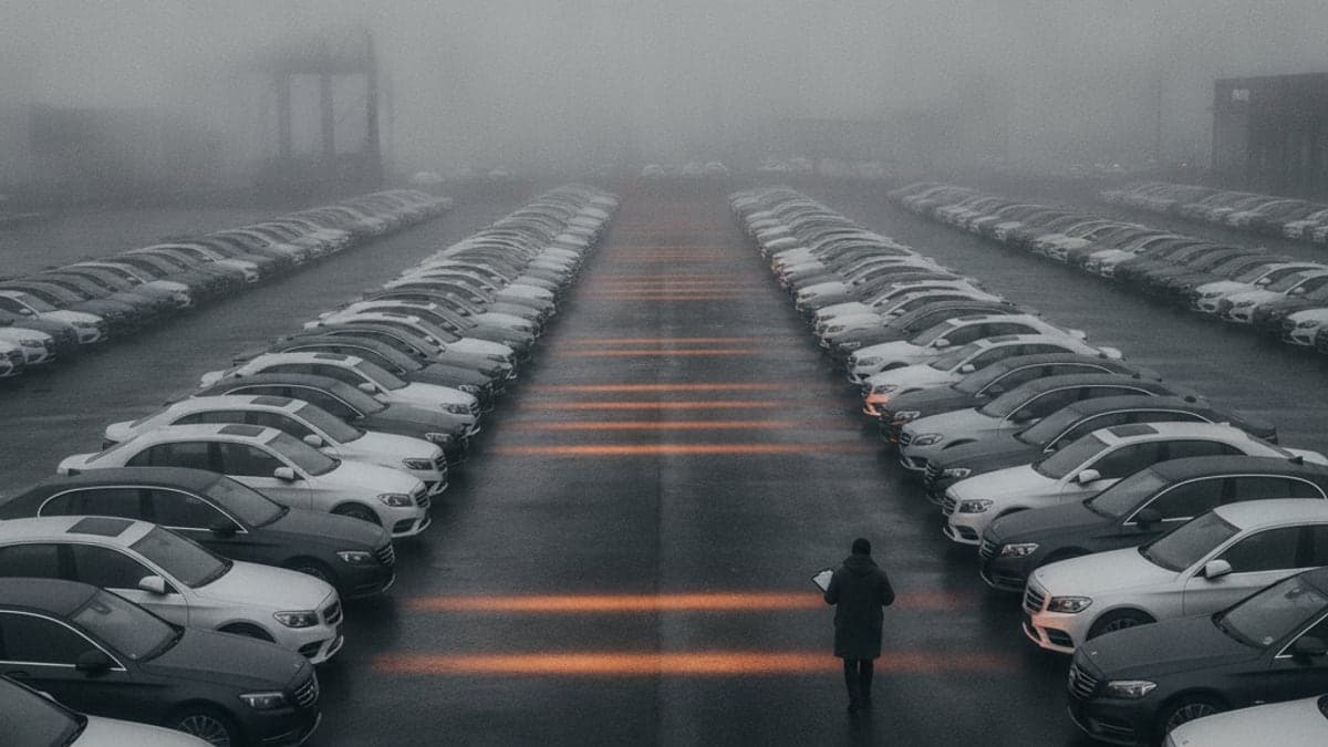 Fahrzeugreihen an einem Hafenterminal, ein Prüfer mit Klemmbrett geht zwischen den importierten Autos entlang