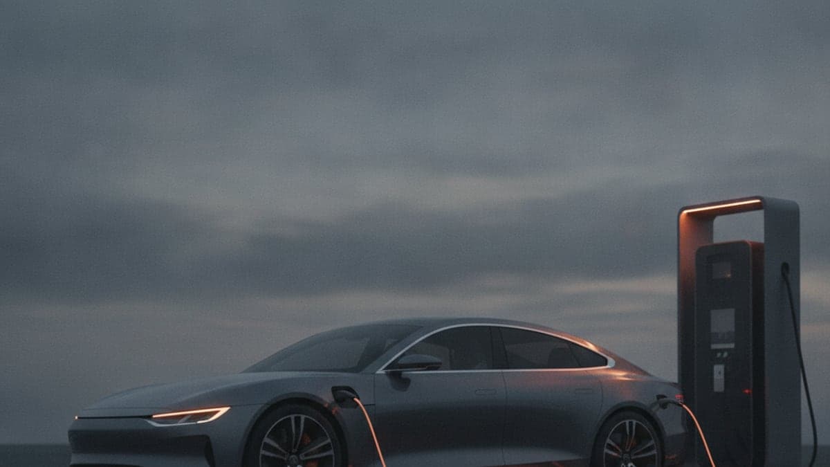 Elektrische Fließheck-Limousine an einer Schnellladesäule in der Abenddämmerung