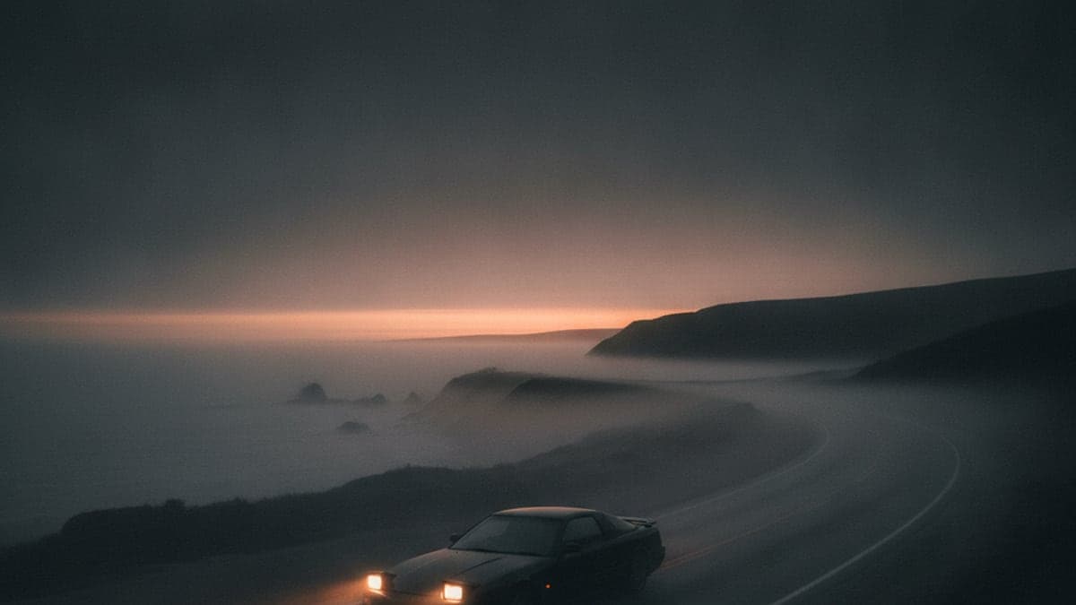 Silhouette eines japanischen Sportcoupés der Neunzigerjahre mit Klappscheinwerfern auf einer Küstenstraße im Morgenlicht