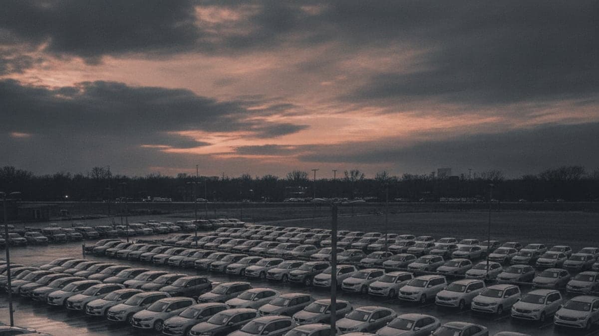 Gebrauchtwagenplatz eines Händlers in der Abenddämmerung, Fahrzeugreihen unter bewölktem Himmel