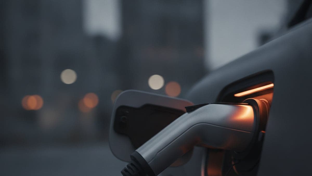 CCS-Ladestecker in der Ladebuchse eines Elektroautos, Nahaufnahme im Abendlicht