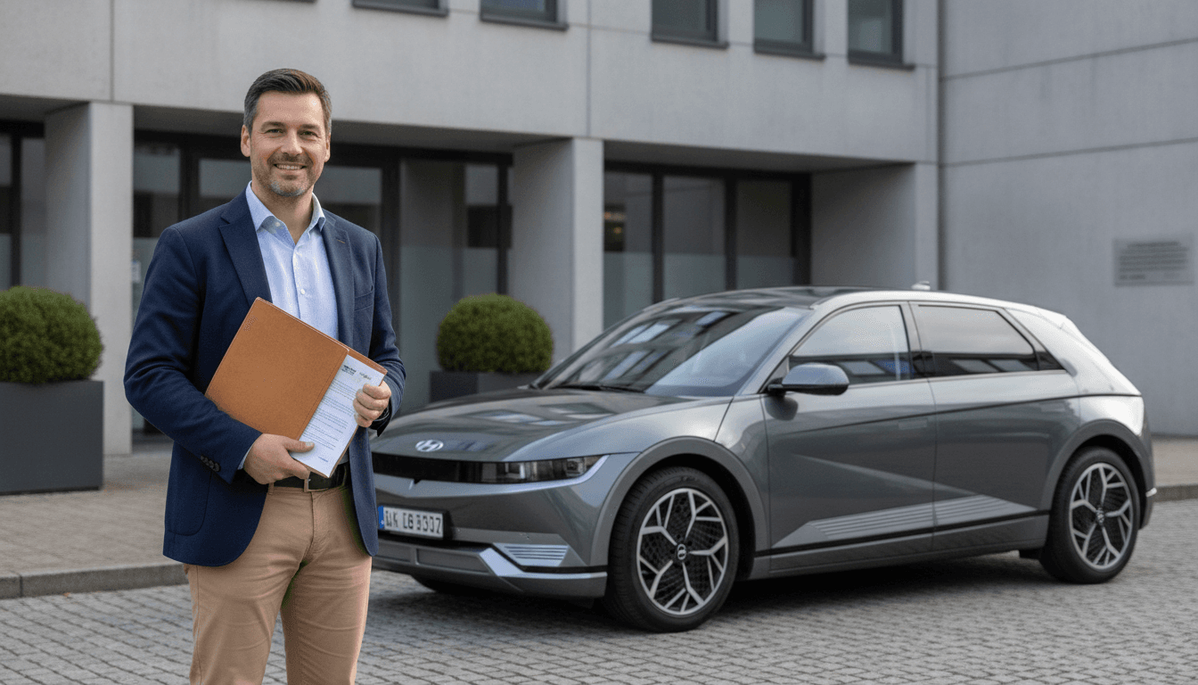 Ein frisch importiertes, glänzendes Elektrofahrzeug aus Asien steht auf einem Parkplatz vor einem deutschen Zollamt, daneben ein lächelnder Importeur, der Dokumente in der Hand hält.