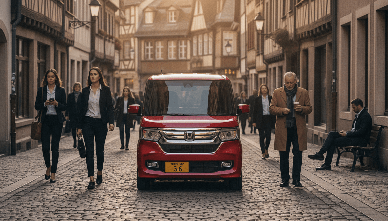 Ein roter japanischer Kei-Car, wie ein Honda N-Box, parkt auf einer engen Kopfsteinpflasterstraße in einer belebten europäischen Altstadt, umgeben von historischen Gebäuden.