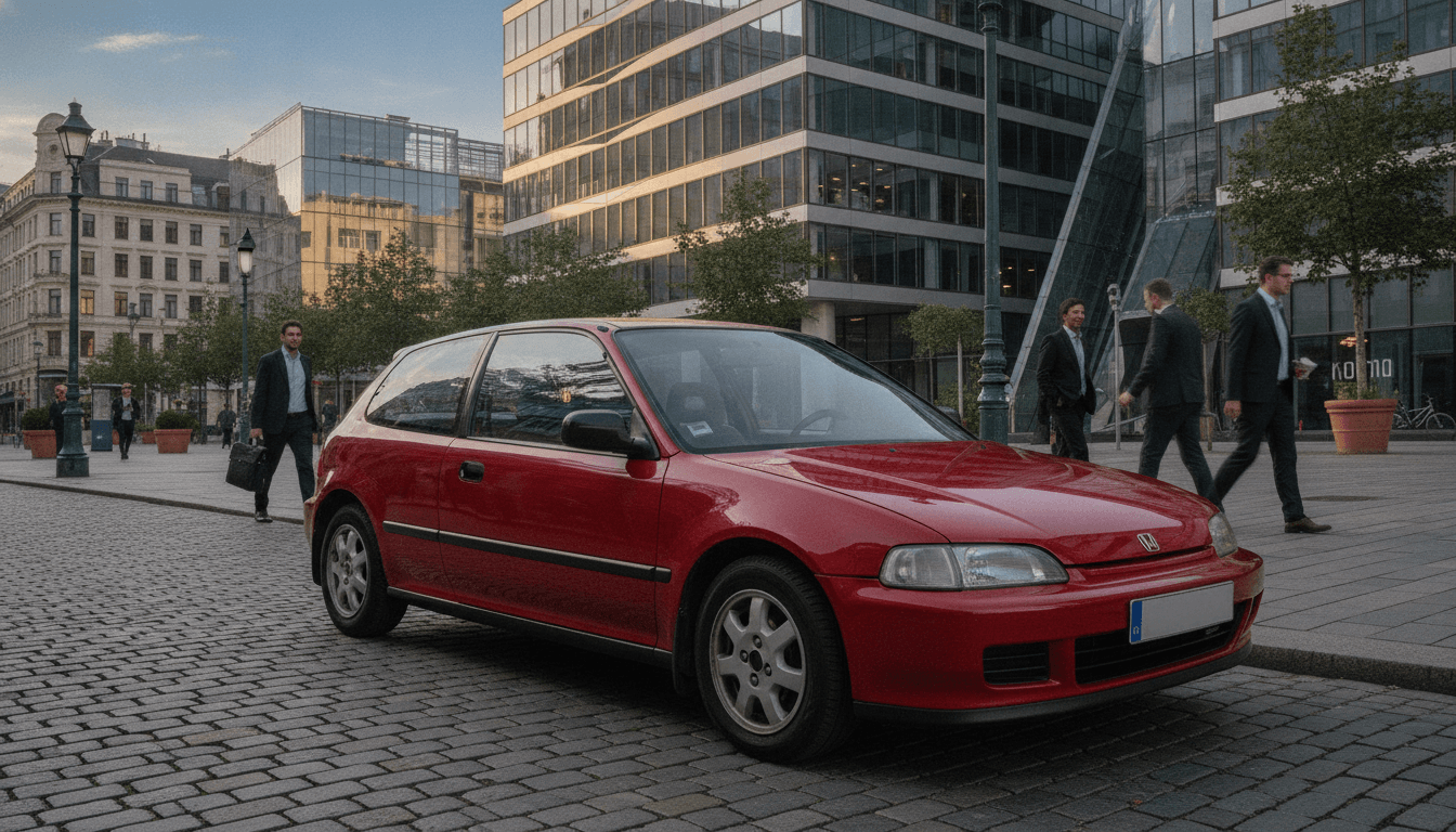 Ein gepflegter, roter Honda Civic EG6 mit glänzendem Lack steht vor einer urbanen Kulisse, im Hintergrund ein modernes Gebäude.