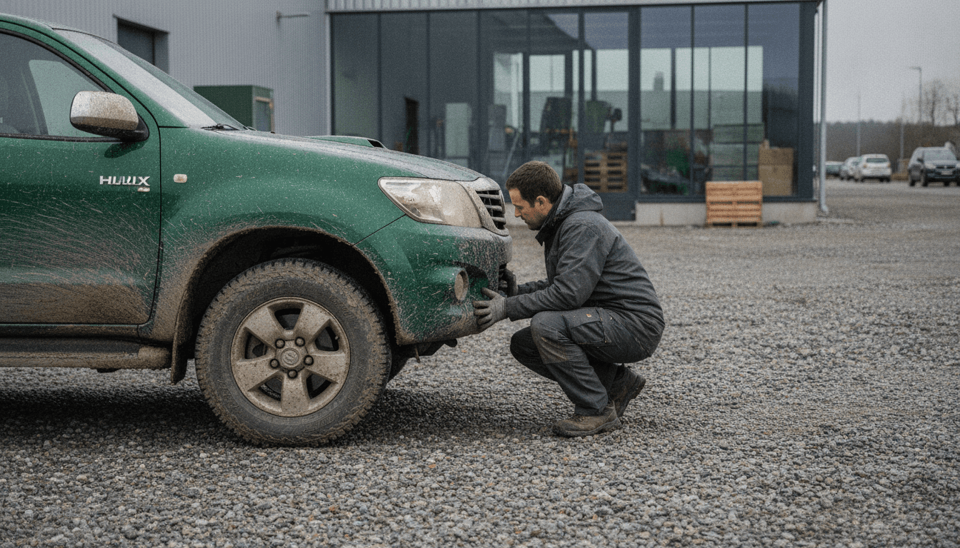 Ein robuster, japanischer Pickup wie ein Toyota Hilux der achten Generation parkt auf einem Schotterweg vor einem Industriegebäude in Europa.