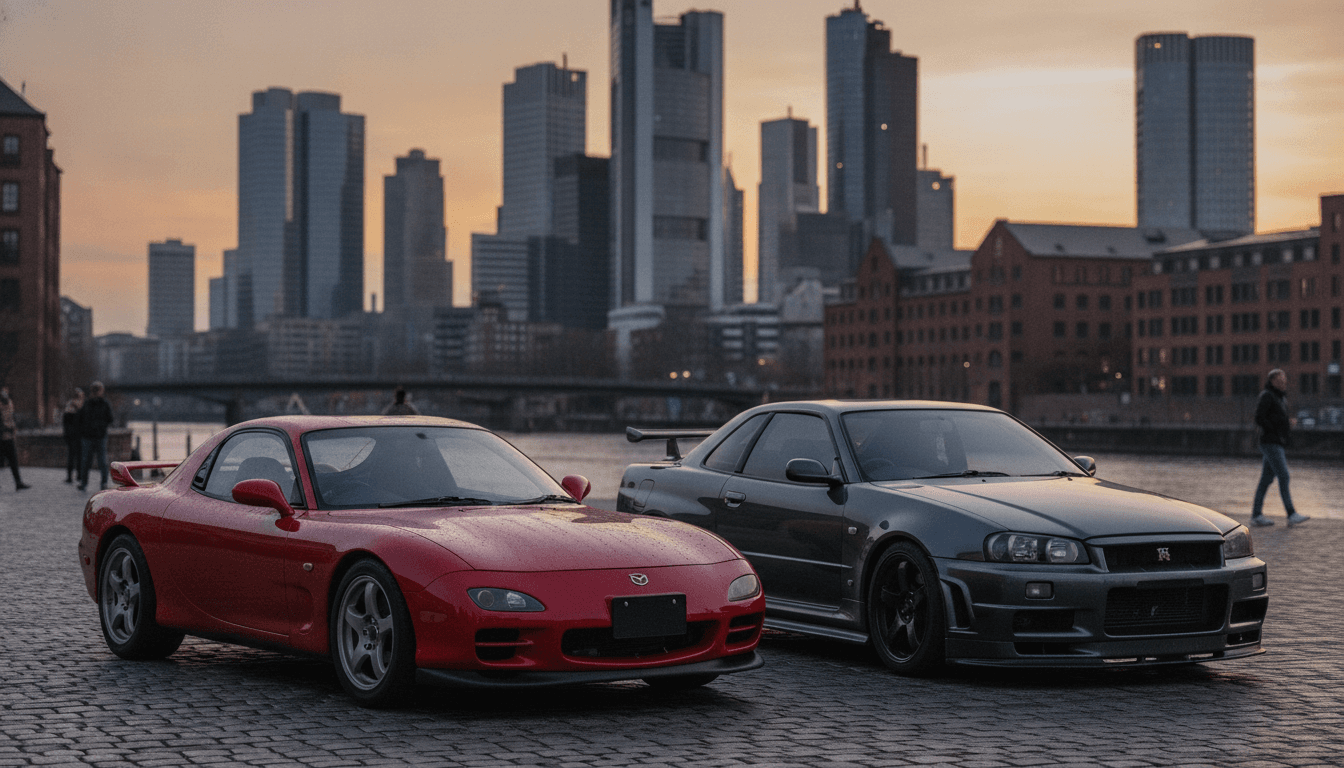Ein roter Mazda RX-7 FD3S parkt vor einer modernen Stadtkulisse bei Sonnenuntergang, daneben steht ein dunkelgrauer Nissan Skyline GT-R R34.