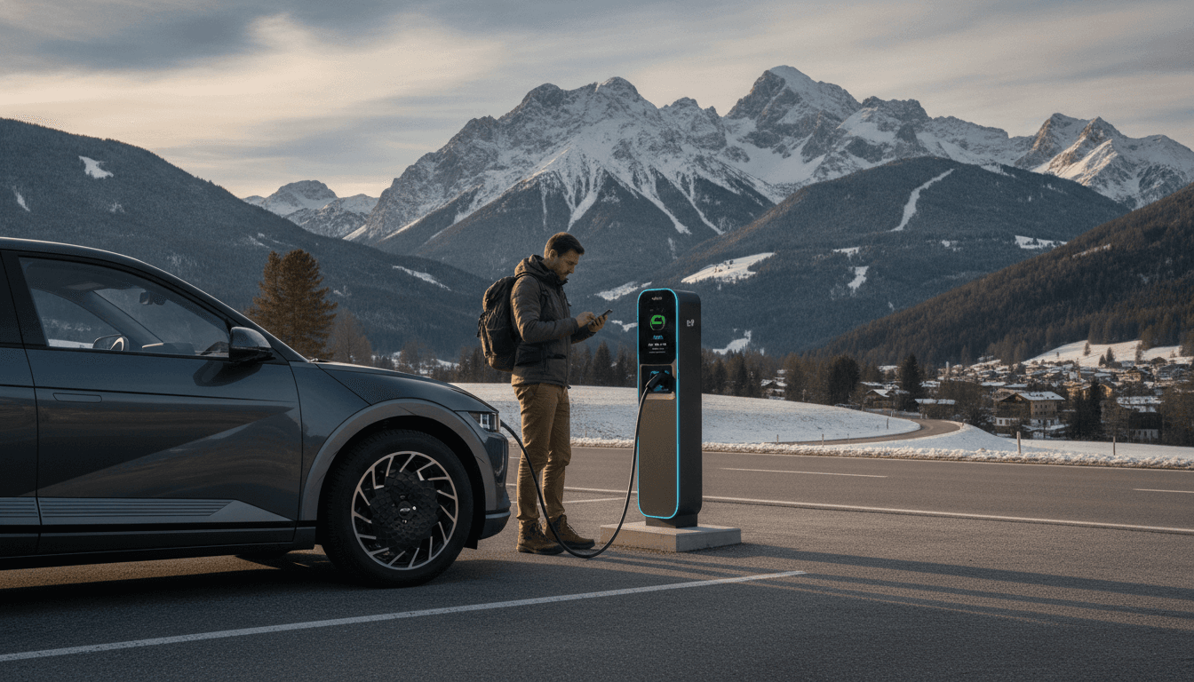 Ein modernes Elektroauto, möglicherweise ein Hyundai Ioniq 5, lädt an einer Schnellladesäule im Gebirge, während der Fahrer eine Lade-App auf seinem Smartphone überprüft.