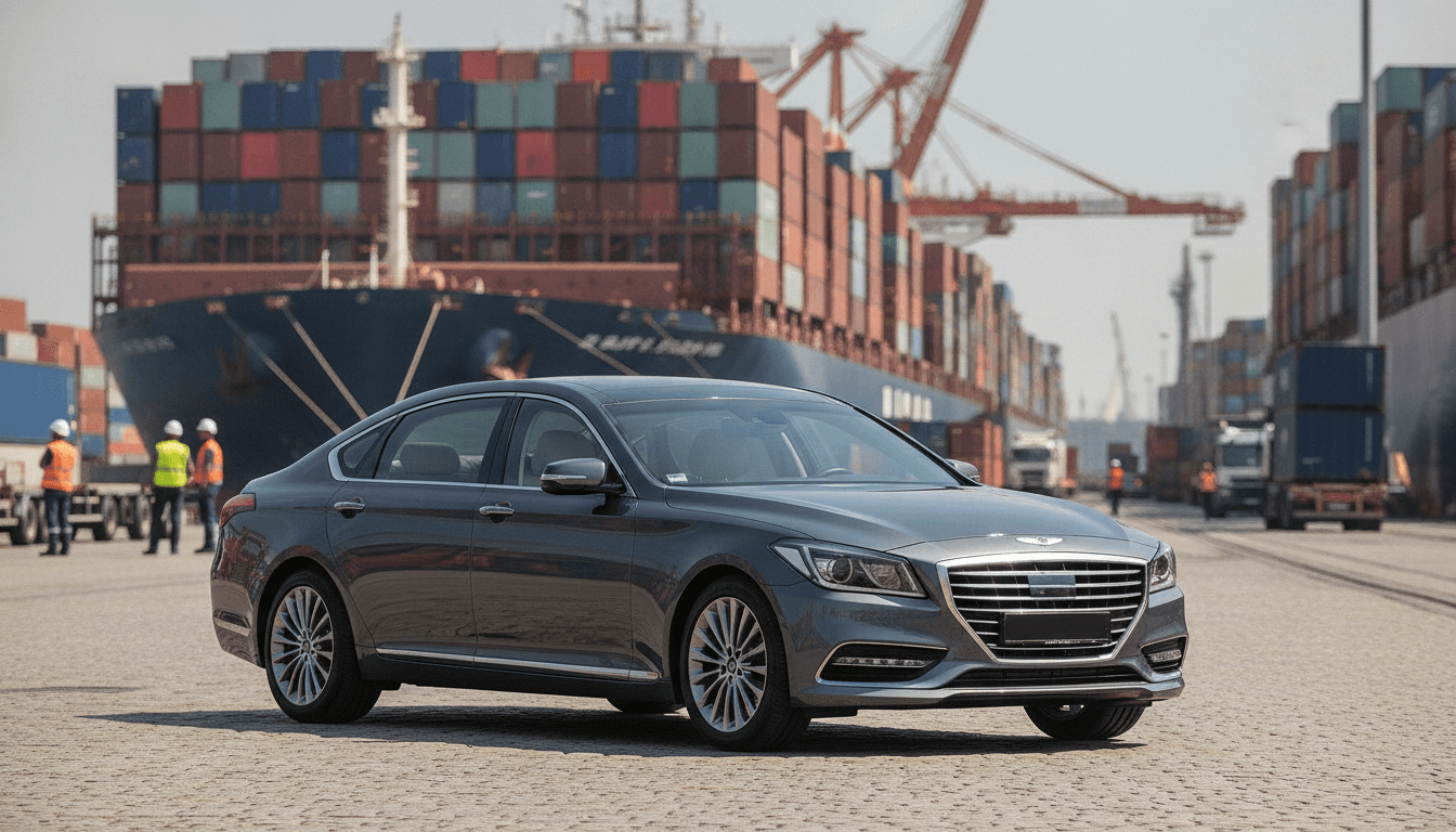 Ein Neuwagen von Hyundai Genesis steht im Hamburger Hafen bereit zur Auslieferung, im Hintergrund Frachtschiffe und Container.