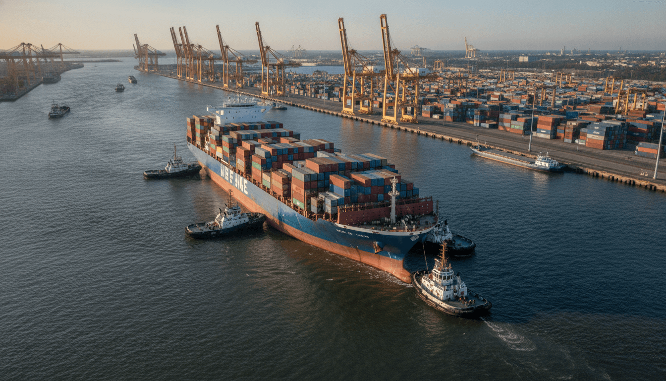 Großes Containerschiff durchquert einen Kanal oder eine Meerenge, im Hintergrund sind Hafenkräne oder eine Küstenlinie zu sehen. Die Farben sind klar und die Szene dynamisch.