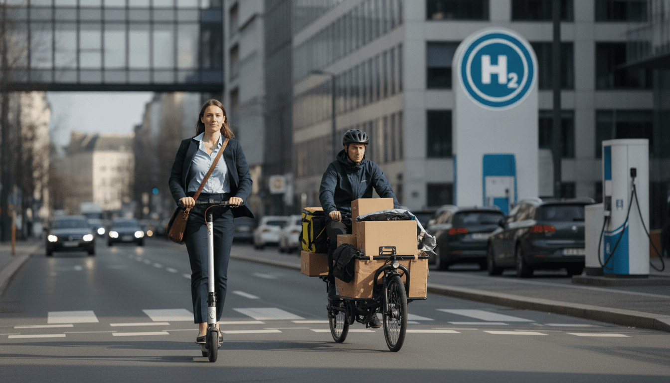 Eine städtische Szene, die verschiedene Mikromobilitätslösungen zeigt: Eine Person fährt auf einem E-Scooter, ein Lastenrad liefert Pakete aus, und im Hintergrund ist eine Wasserstofftankstelle angedeutet.