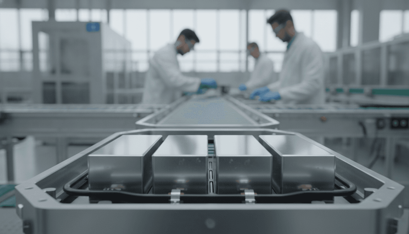 Detailansicht eines modernen Lithium-Eisenphosphat (LFP)-Batteriezellenblocks in einem Produktionswerk mit technischen Spezifikationen und koreanischen Ingenieuren im Hintergrund.