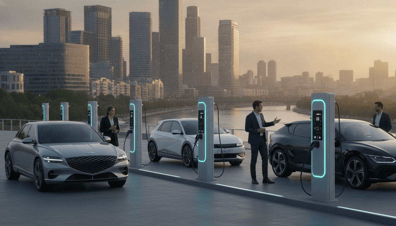 Eine Reihe von modernen Elektrofahrzeugen der Marken Genesis, Hyundai Ioniq und Kia EV6 stehen auf einer Ladeanlage vor einer futuristischen Stadtkulisse bei Sonnenuntergang.