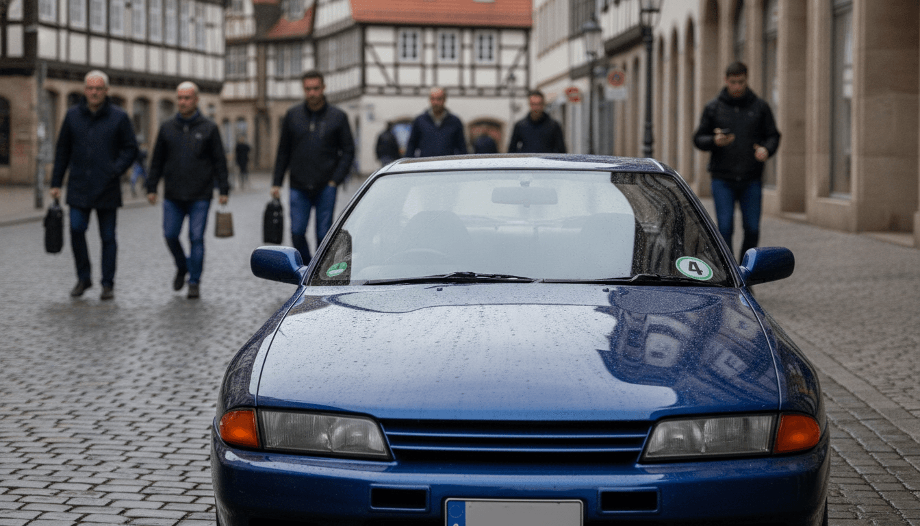 Ein grüner Aufkleber klebt auf der Windschutzscheibe eines klassischen japanischen Sportwagens, der auf einer Straße in einer deutschen Stadt geparkt ist. Im Hintergrund sind historische Gebäude zu sehen.