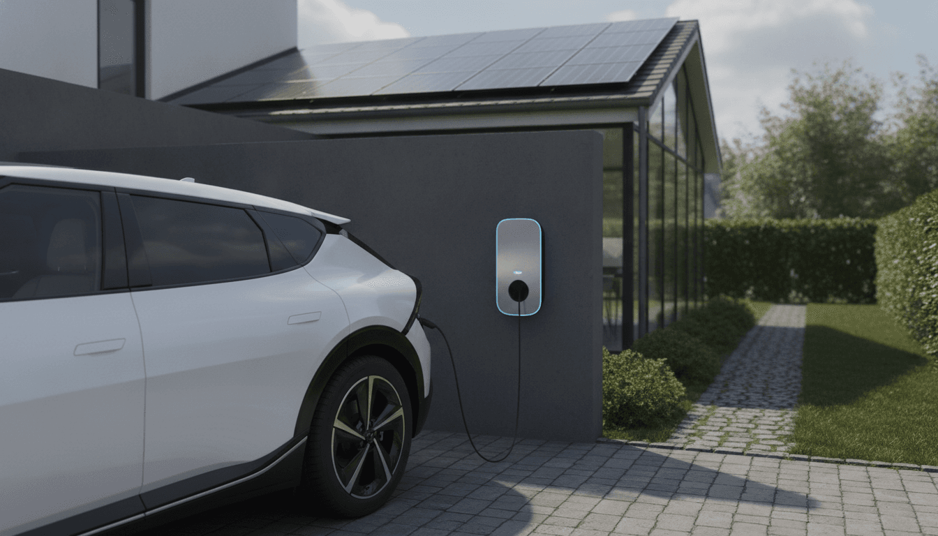 Ein Elektroauto lädt an einer modernen Wallbox, die über Kabel mit dem Haus verbunden ist; im Hintergrund sind Solarpaneele auf einem Dach zu sehen.