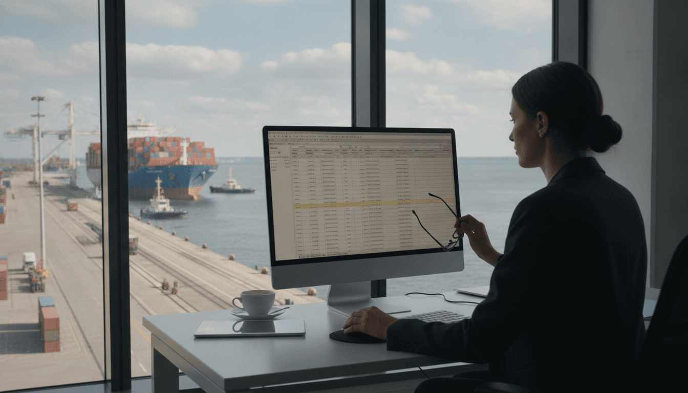 Eine erfahrene Speditionsmitarbeiterin prüft Fahrzeugdokumente an einem Computer, während im Hintergrund ein Containerschiff einen Hafen ansteuert.